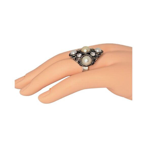 Vintage White Pearl Rhinestone Cocktail Ring Sz 6.5 Antiqued Finish Adjustable - Picture 11 of 16